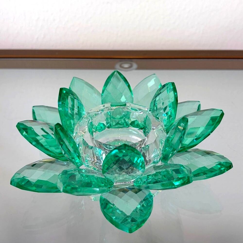 Sparking Cut Crystal Green Glass LOTUS FLOWER Candle Holder Taper Tea Light NEW